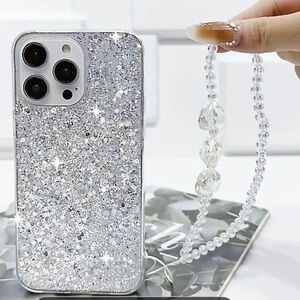 Silver Glitter iPhone 16 Case with Strap
